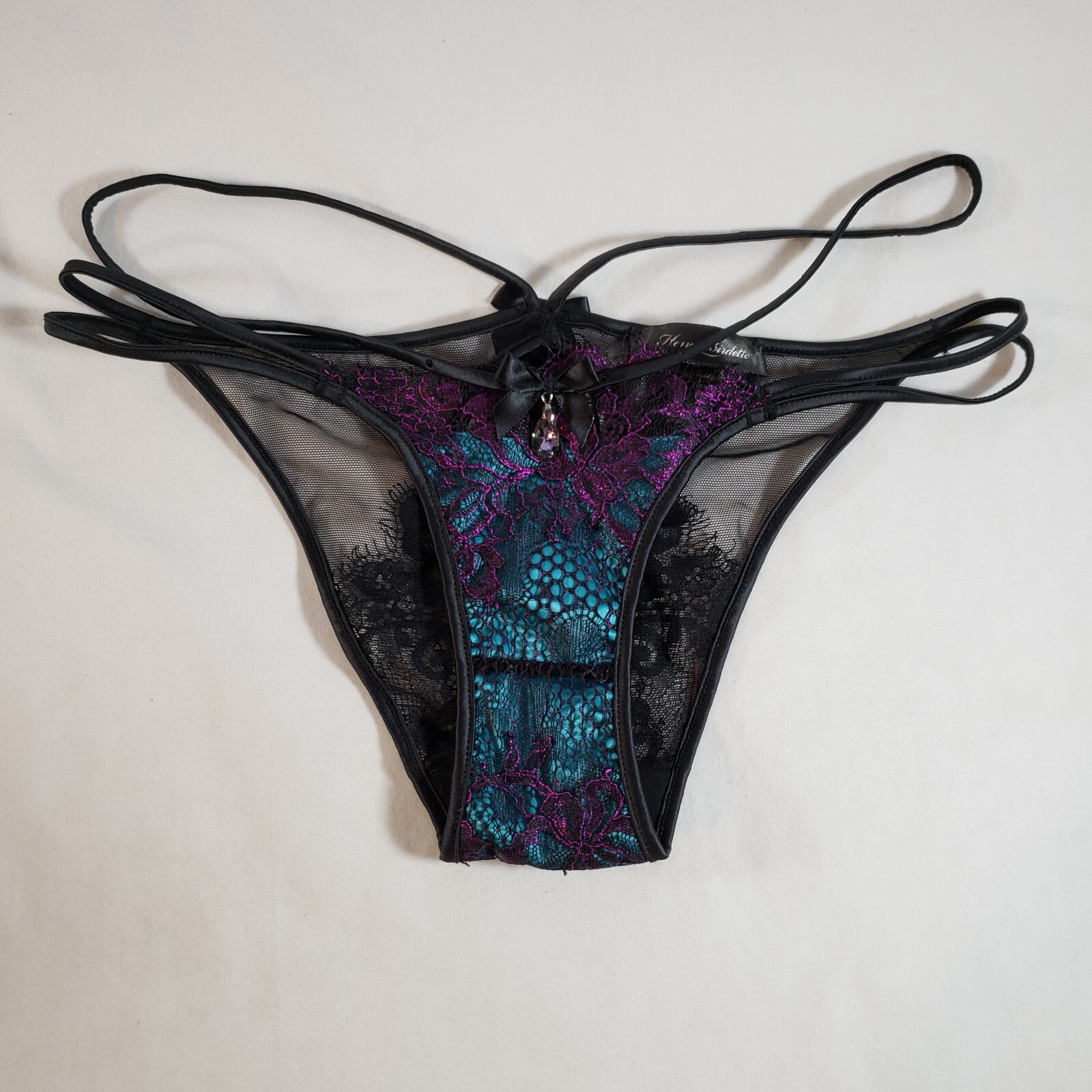 Honey Birdette XS Bianca String Bikini Brief Teal Blue Black Sheer Lace