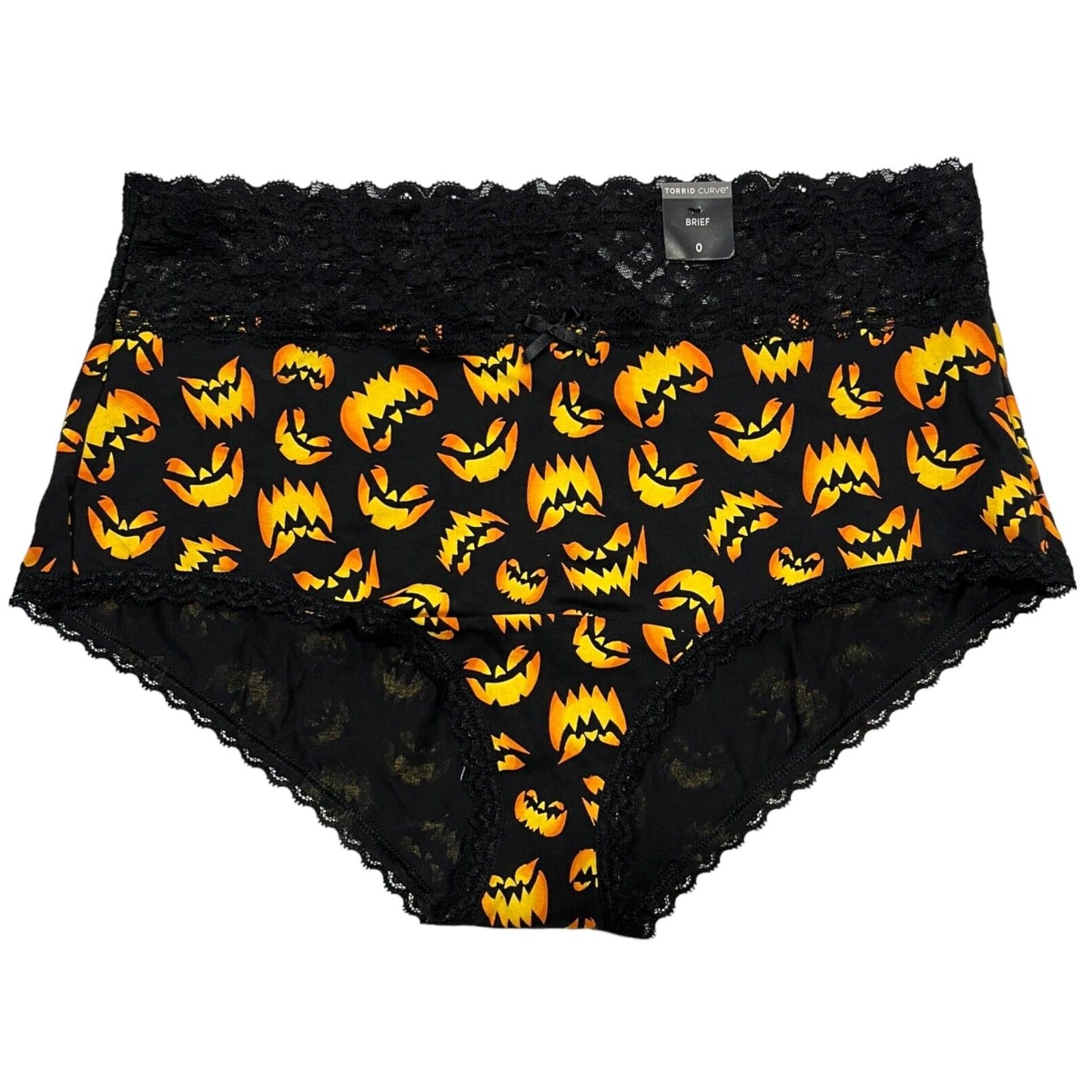 NWT TORRID Brief Pantie Sz 00X-0X-1X-2X-4X Black Orange Pumpkins Lace Jersey