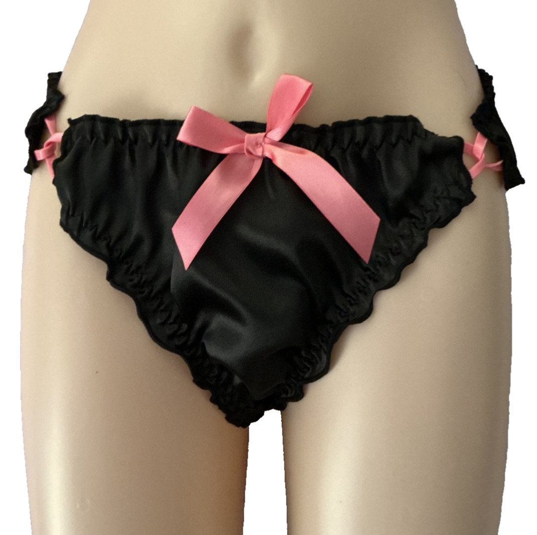 Black Satin Panties Kawaii Ruffle Lolita Sissy Crossdresser Lingerie with Bow L