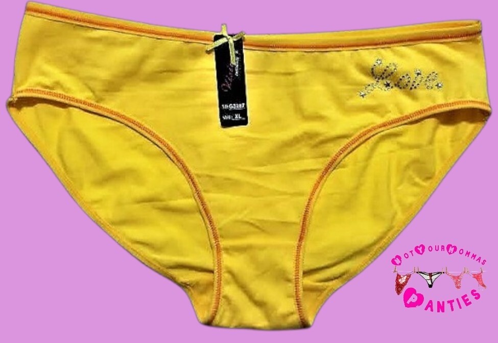 VISION INTIMATE solid yellow w/orange stitching hi-cut briefs w/rhinestones [XL]