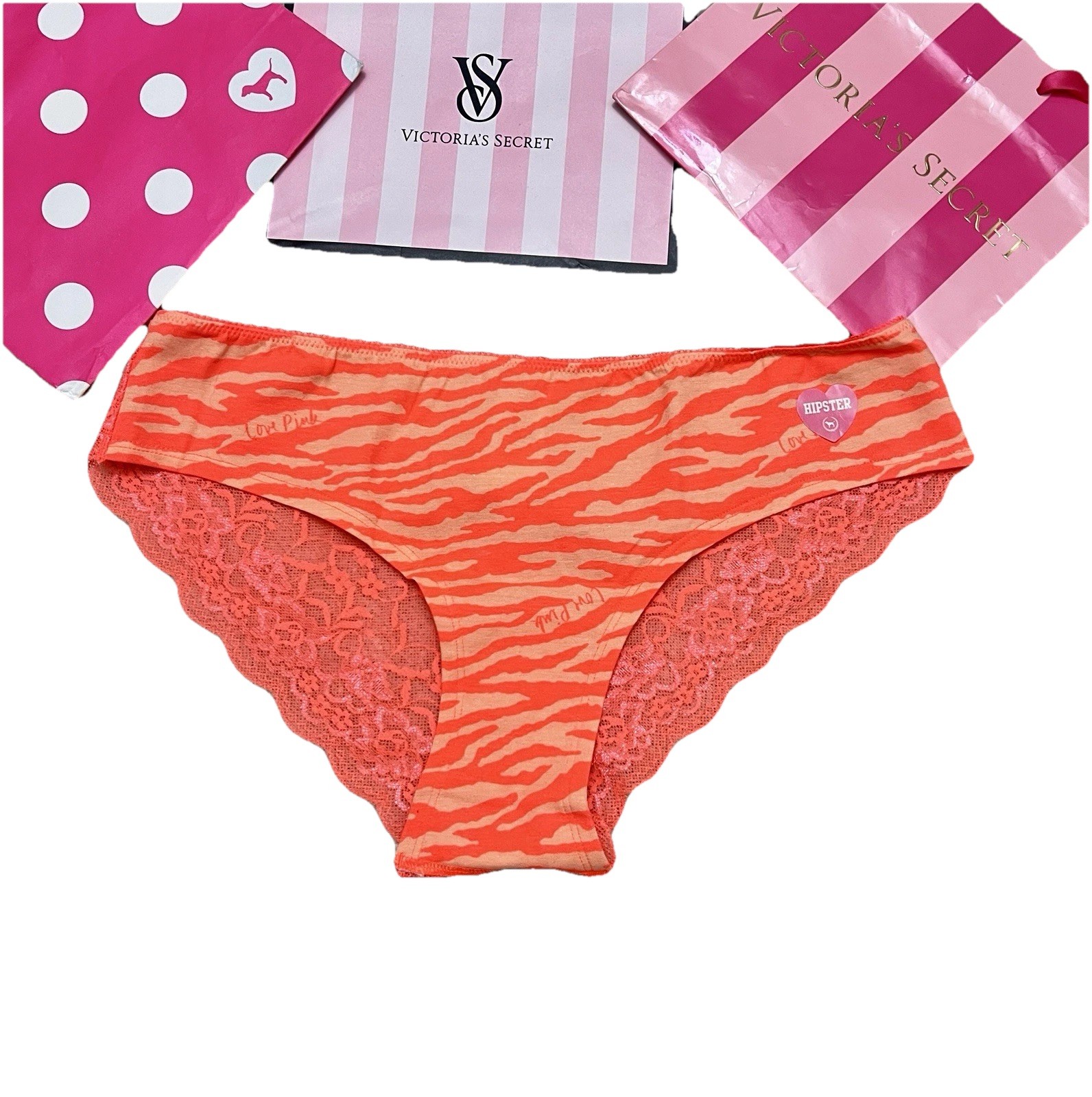 NWT L VICTORIA’S SECRET PINK Orange Zebra Print Vintage Hipster Panties LARGE