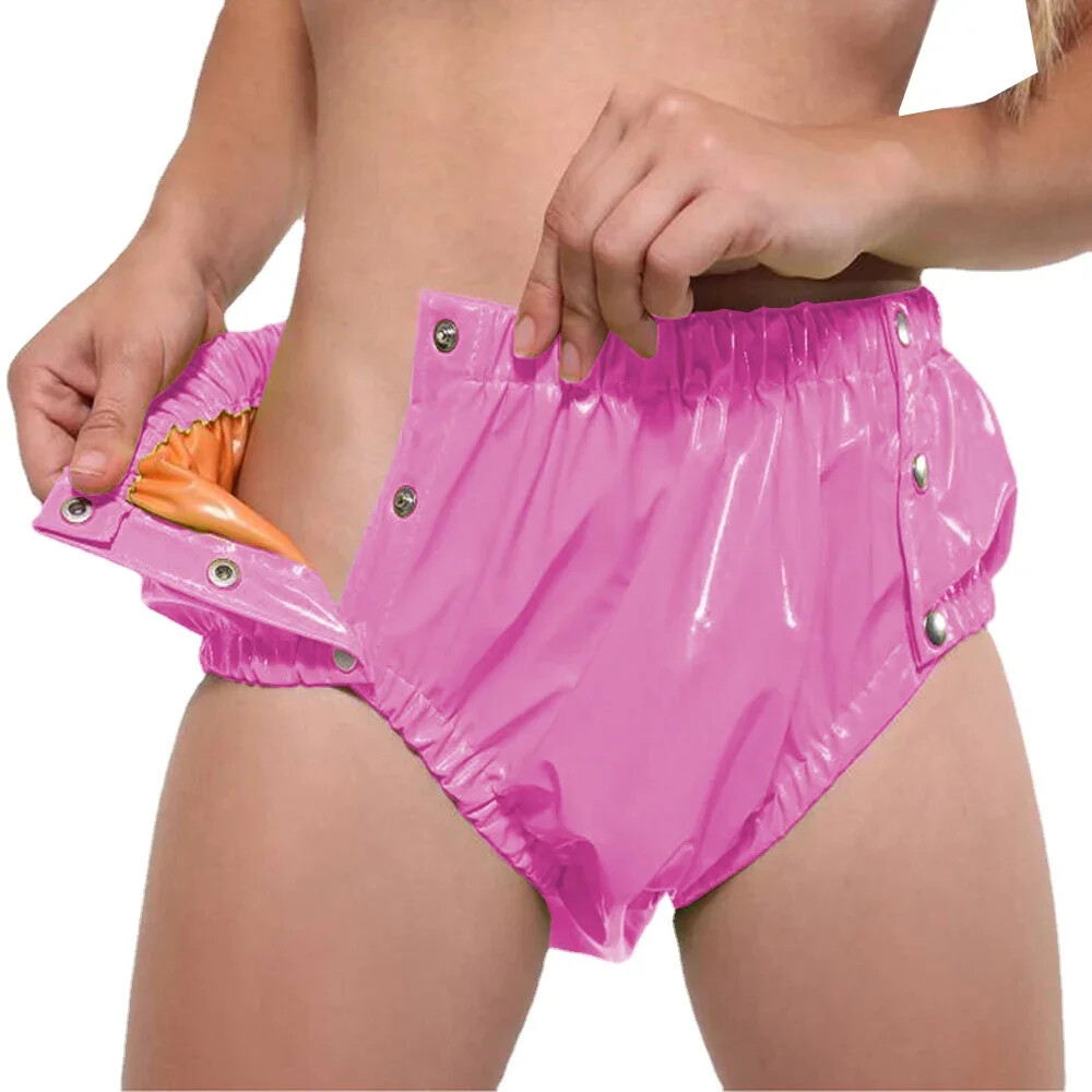 Shiny PVC Leather Double Layer Splicing Panties Button-up Elastic Waist Panties