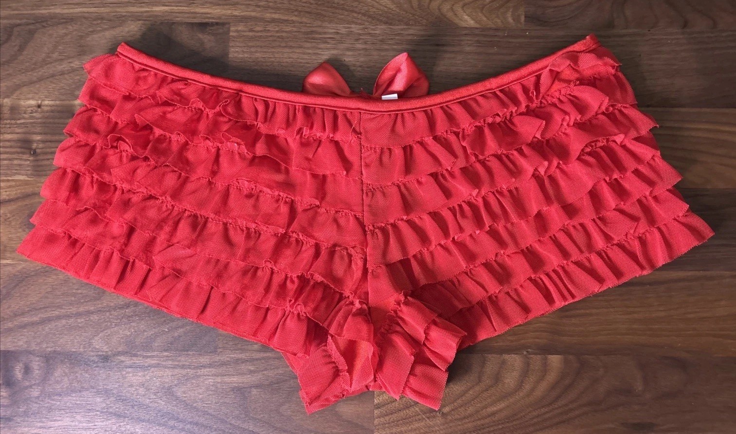 Kitten By Lingerie Diva Red Ruffle Truffle Sexy Boyshort Undies Sz S/M Rumba Bow