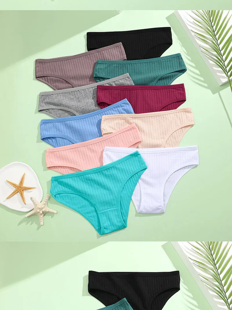 4PCS/SET Women’s Cotton Panties Sexy Soft Striped Underpants 12 Solid Color
