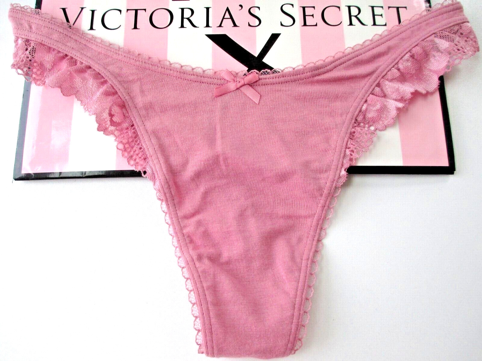 VICTORIA’S SECRET Cotton High Leg Thong Panty L 2XL Mauve Pink NWT Lace Trim VS