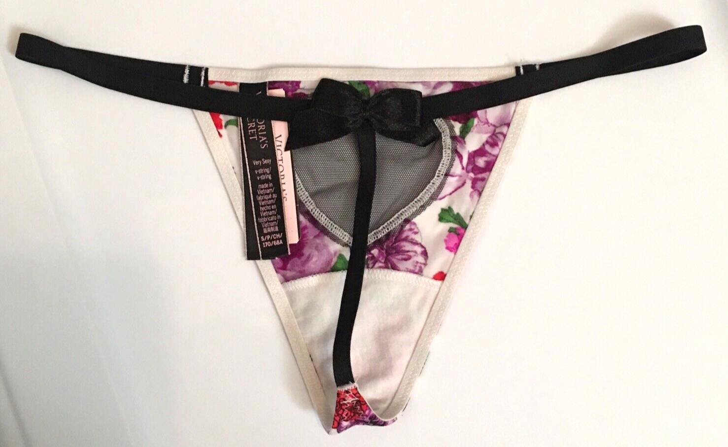 Victorias Secret Floral Mesh Heart V-String Thong Size S Cut-Out Sexy Bow Back