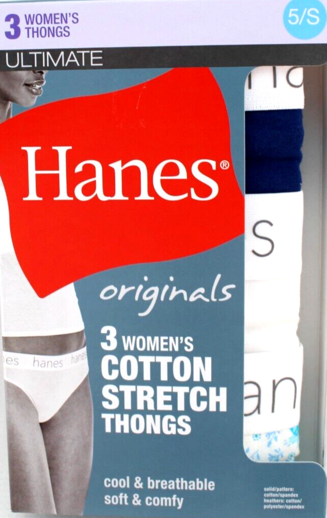 NWT HANES Ultimate Size 5 / S 3-pack Multi Colors 95% Cotton Women Thong Panties