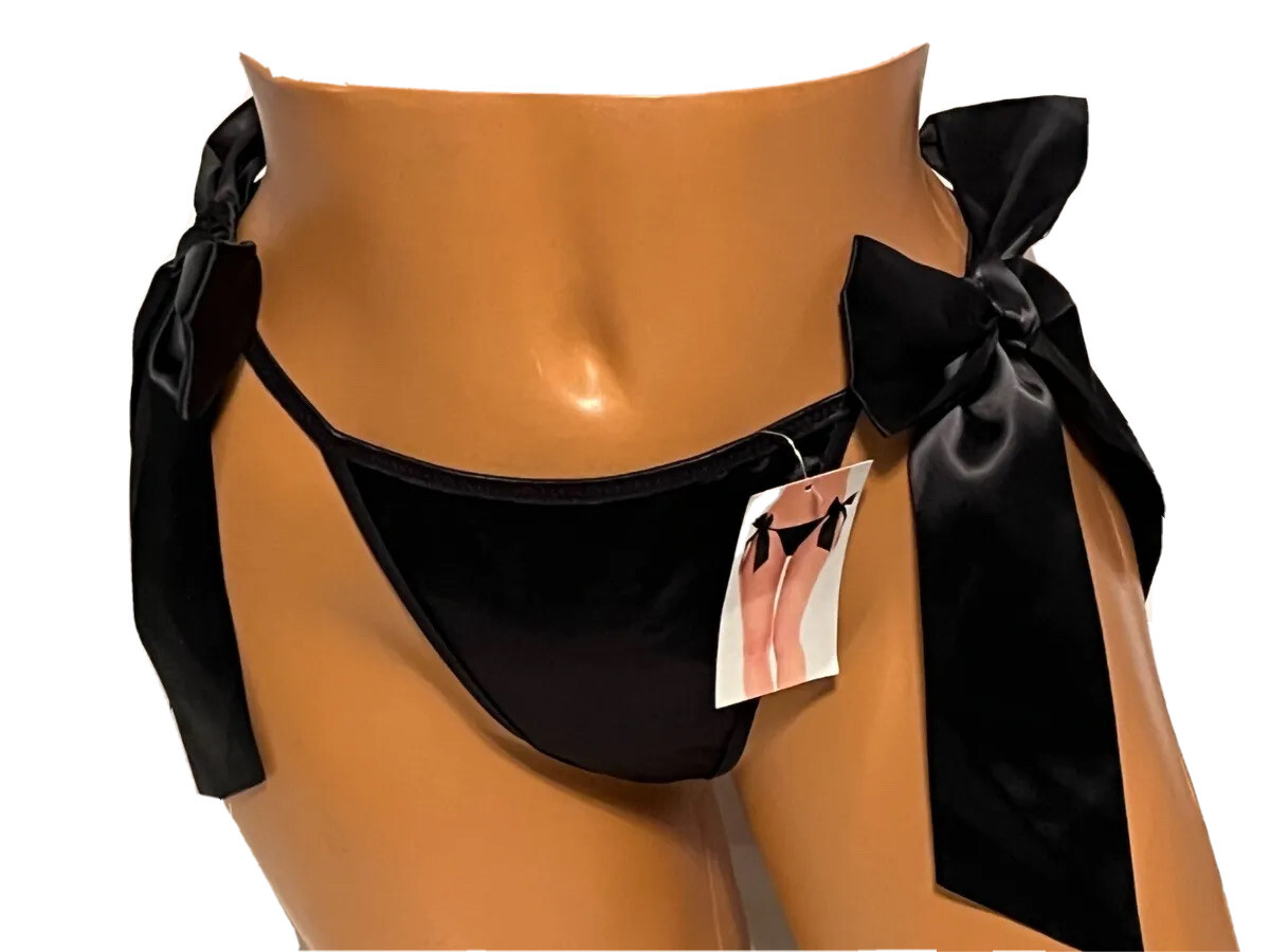 G-String Thong Medium Black Satin Side Bows