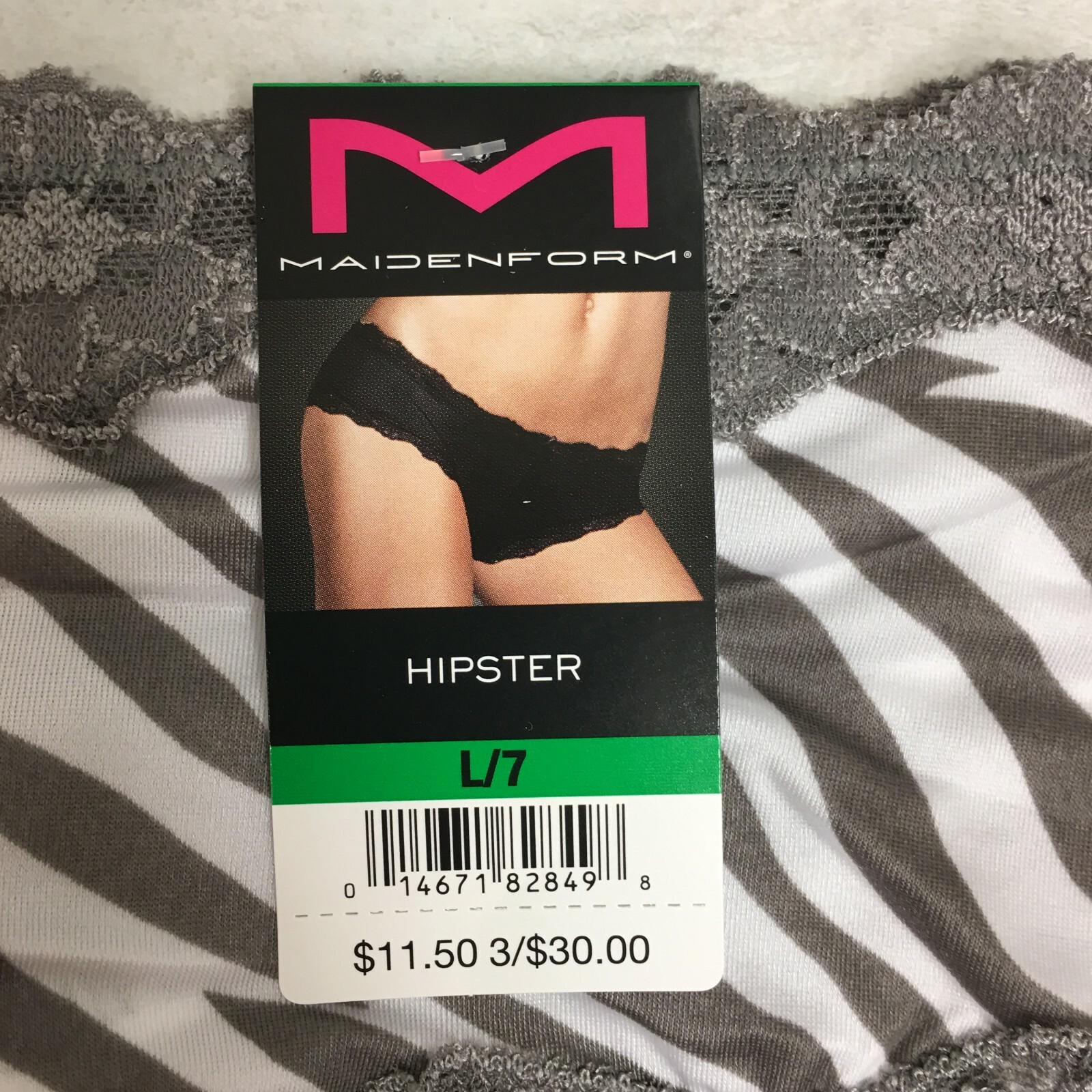 Maidenform Women’s Cheeky Scalloped Lace Hipster Gray/White Zebra Stripe L/7 NWT