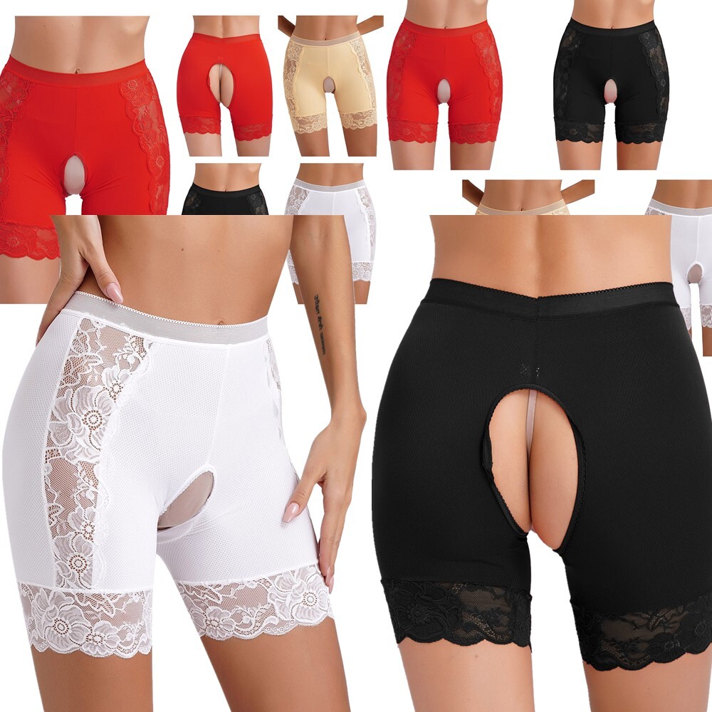 US Womens Seamless Lace Panties Shorts High Waist Crotchless Underwear Nightwear
