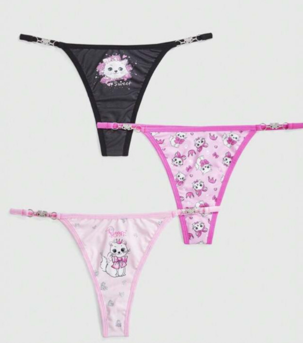 Kawaii 3 pcs Women’s Cute Kitty Crown & Rhinestone Butterfly Chain Thong Panty L