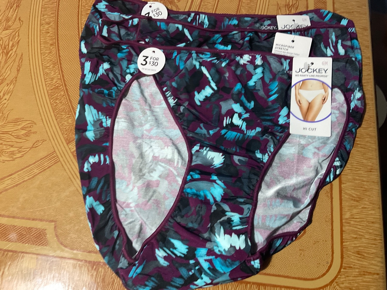 Jockey No Panty Line Promise Teal Geometric Hi- Cut Briefs- Set of 3-Size 6-NWT