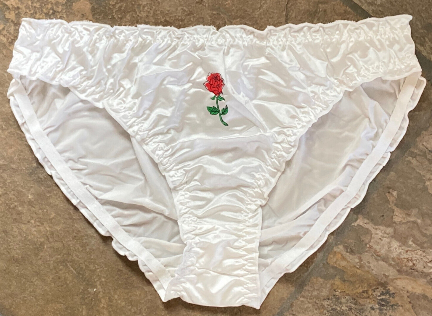 Single Rose on White XL Buttery Soft Second Skin SATIN Ruffle Bikini Panty #381