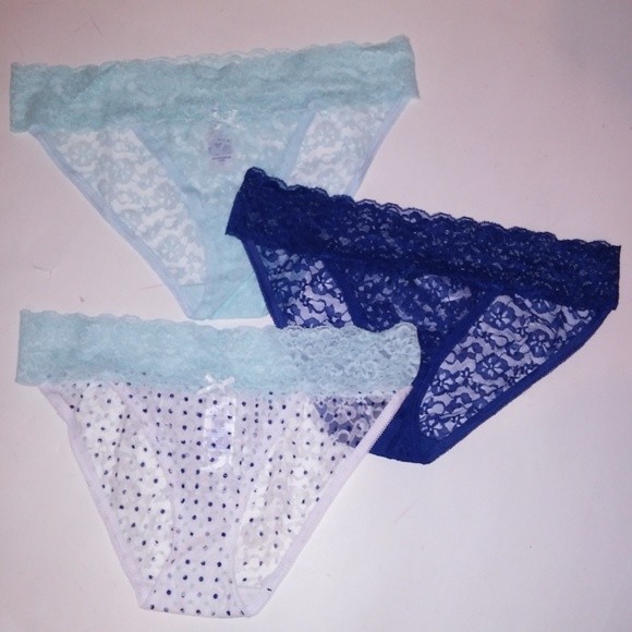 Set of 3 Simply Styled Panties Small Bikini Blue White Solid Polka Dots New