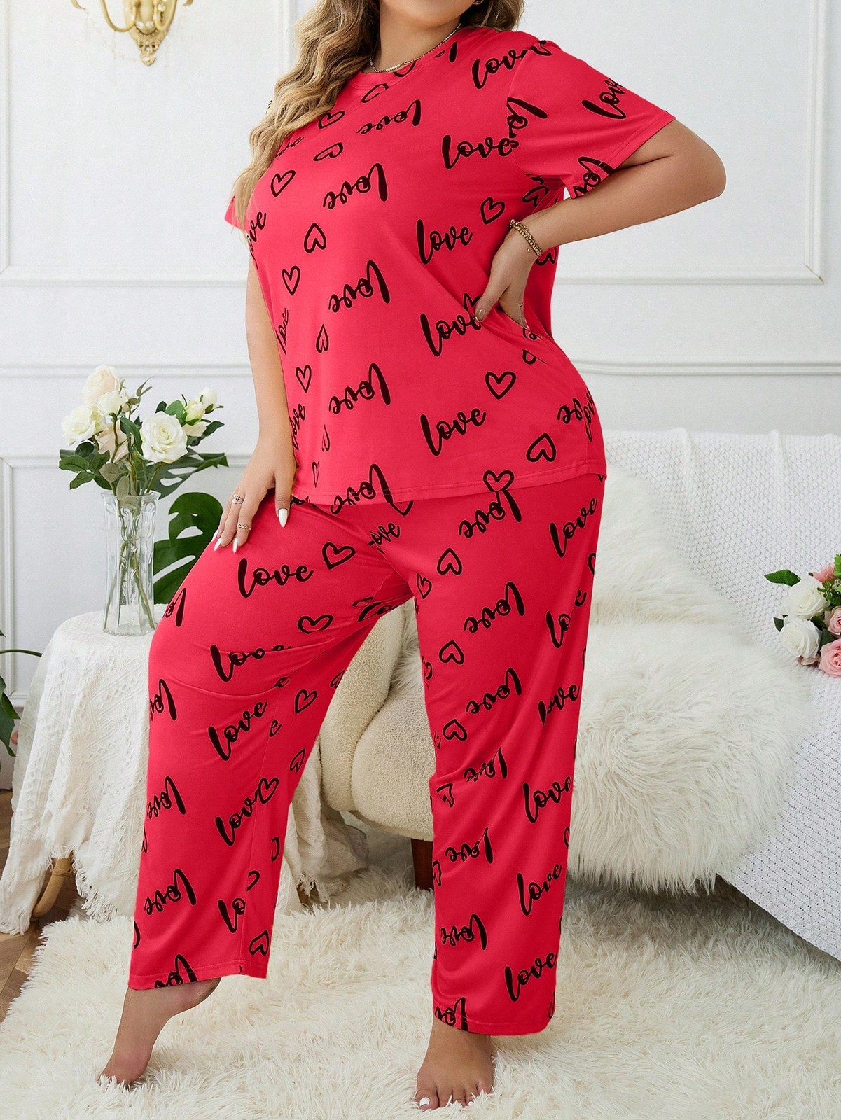 Ladies Plus Size Pyjama Set With Heart And Letters Graphic From Top Cheap24