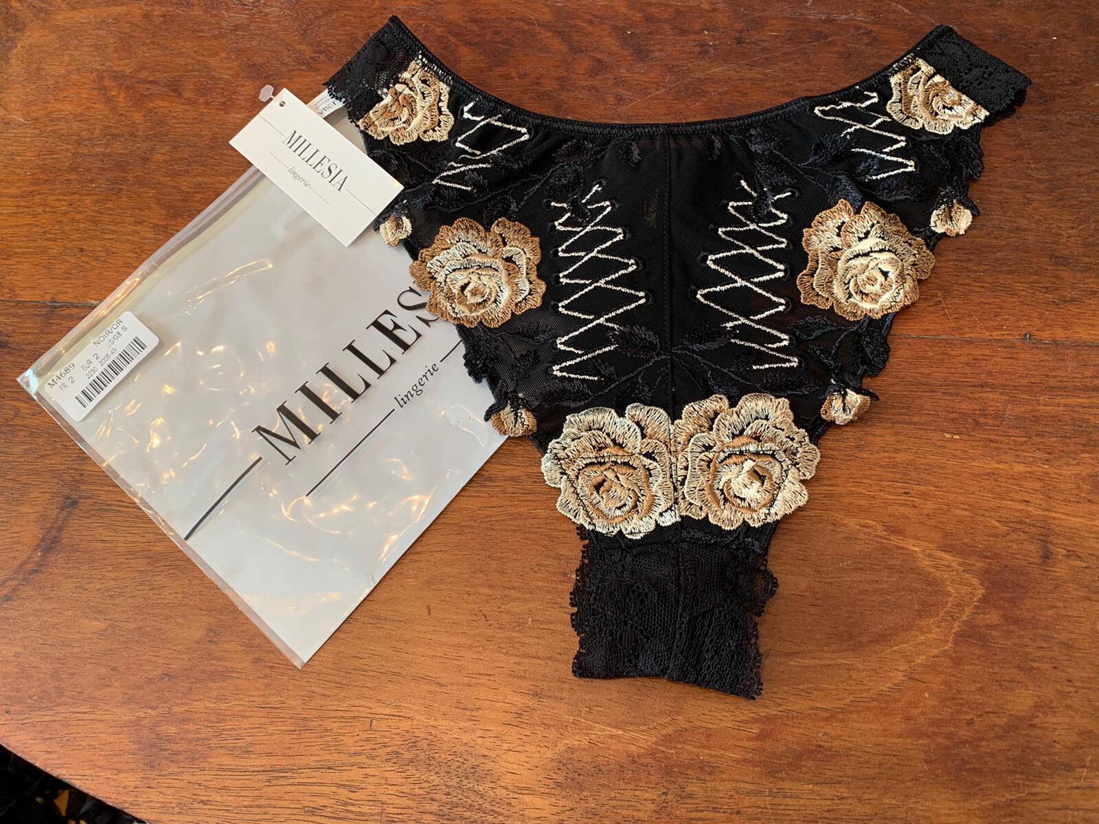 MILLESIA M4689 ~ BLACK / GOLD ROSE FLORAL EMBROIDERED TANGA PANTIES ~ SMALL