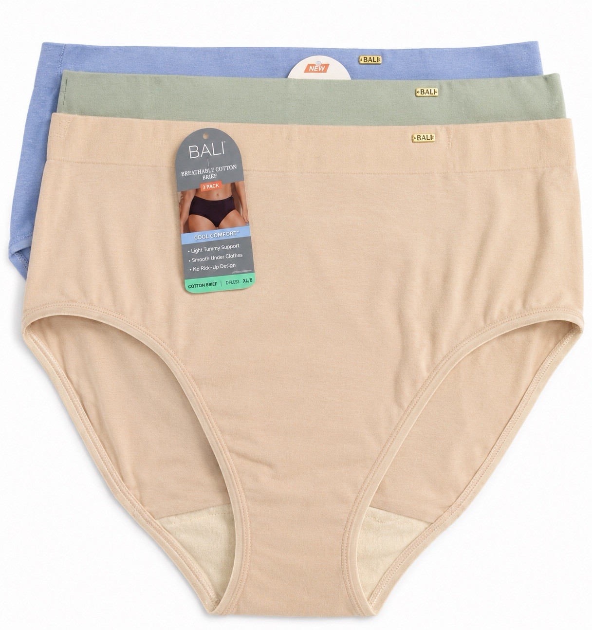 Bali Cool Comfort Women’s Breathable Cotton Brief Panties 3-Pack XL Size 8 New