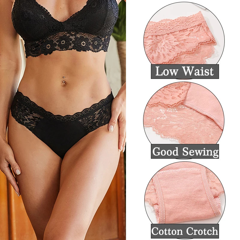 4PCS/Set Sexy Perspective Women Back Lace Panties Patchwork Cotton Underpants.