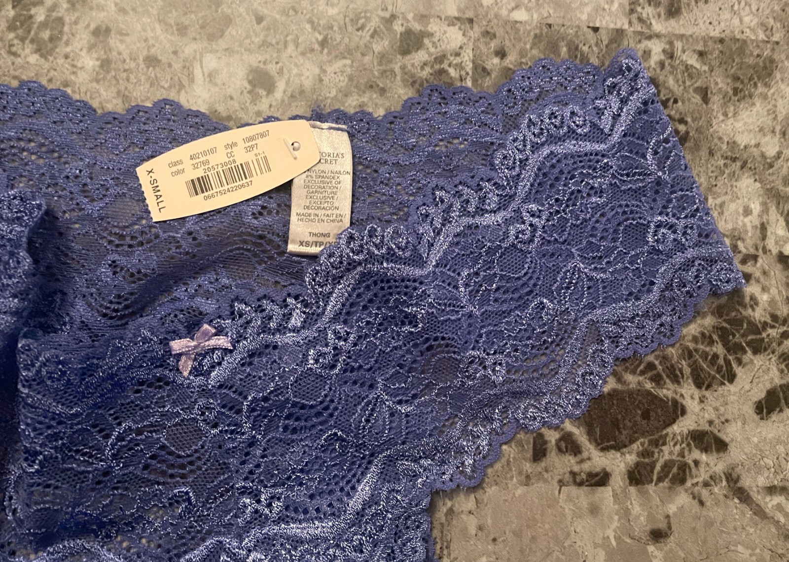 VICTORIA’S SECRET XS PERIWINKLE PURPLE LACE VINTAGE RARE CHEEKY THONG PANTIES