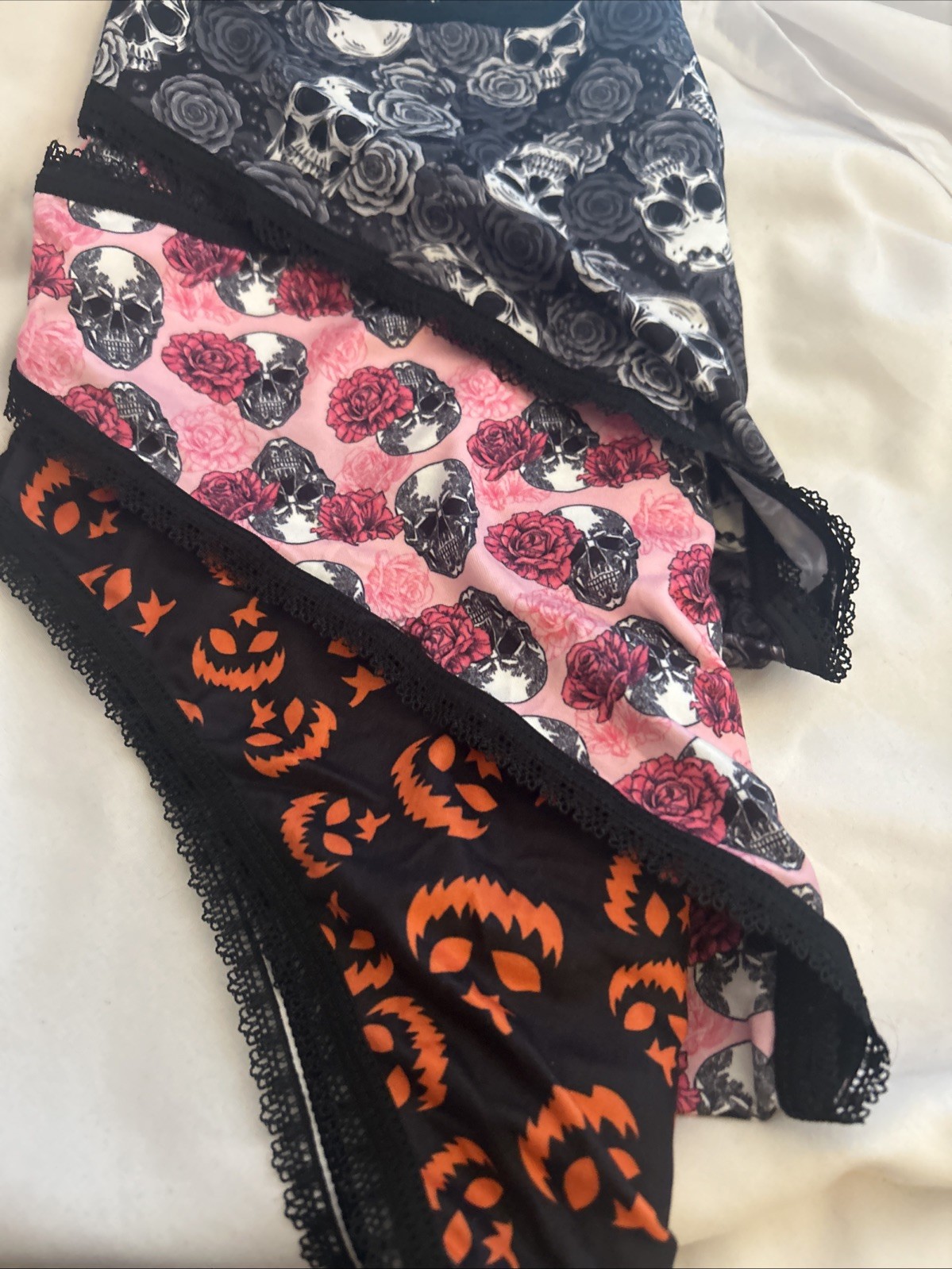 Morvia 3pk lace trim goth Skater Emo Goth panties L Black Orange Pink Skull Jack