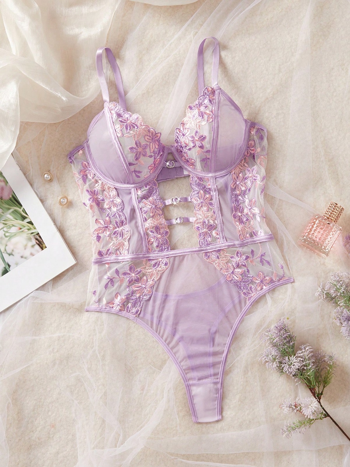 Sexy ladies lingerie jumpsuit with floral embroidery and mesh cheap 24