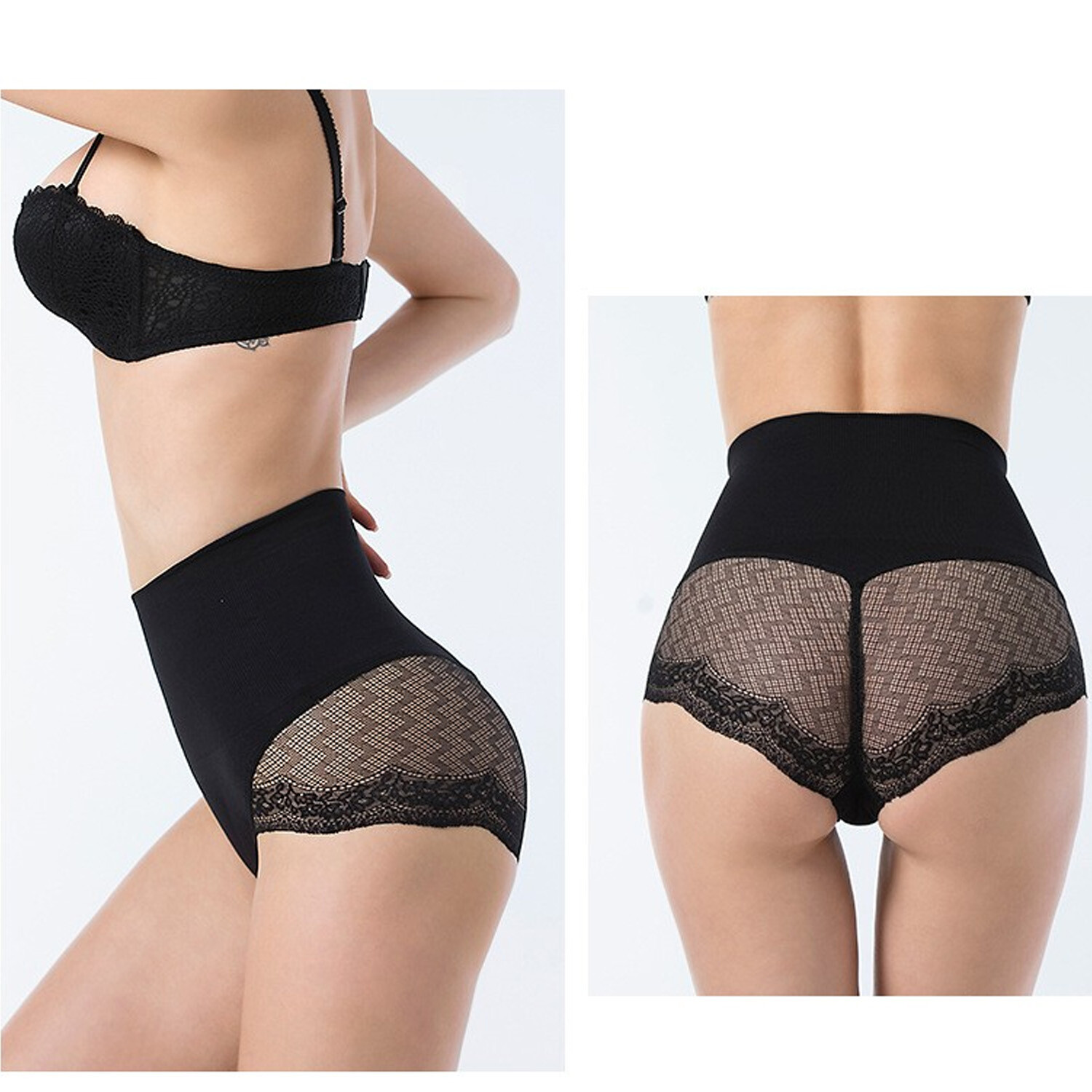 Women Sexy Underwear High Waisted Belly Control Lace Mesh Briefs Panties Shaper