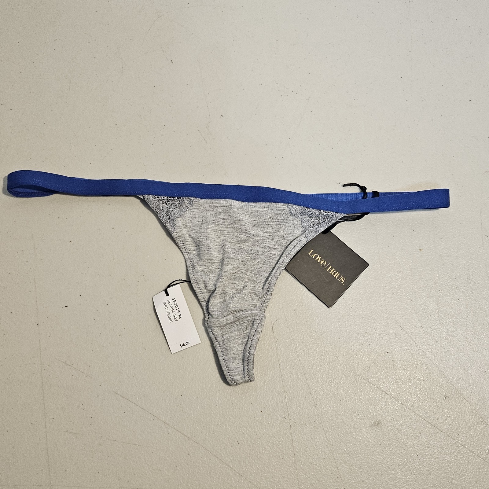 Love Haus By Beach Bunny Heather Grey Blue Lace Trim Thong Panty XL SR2019