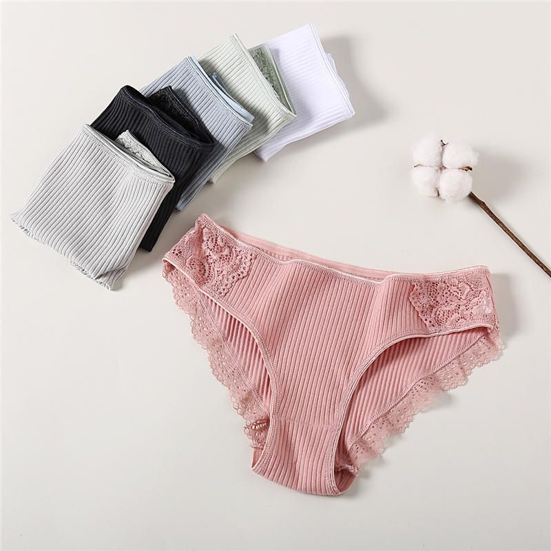 Lace Cotton Solid Color Panties Women Garments Apparel Striped Briefs Panty 3pcs