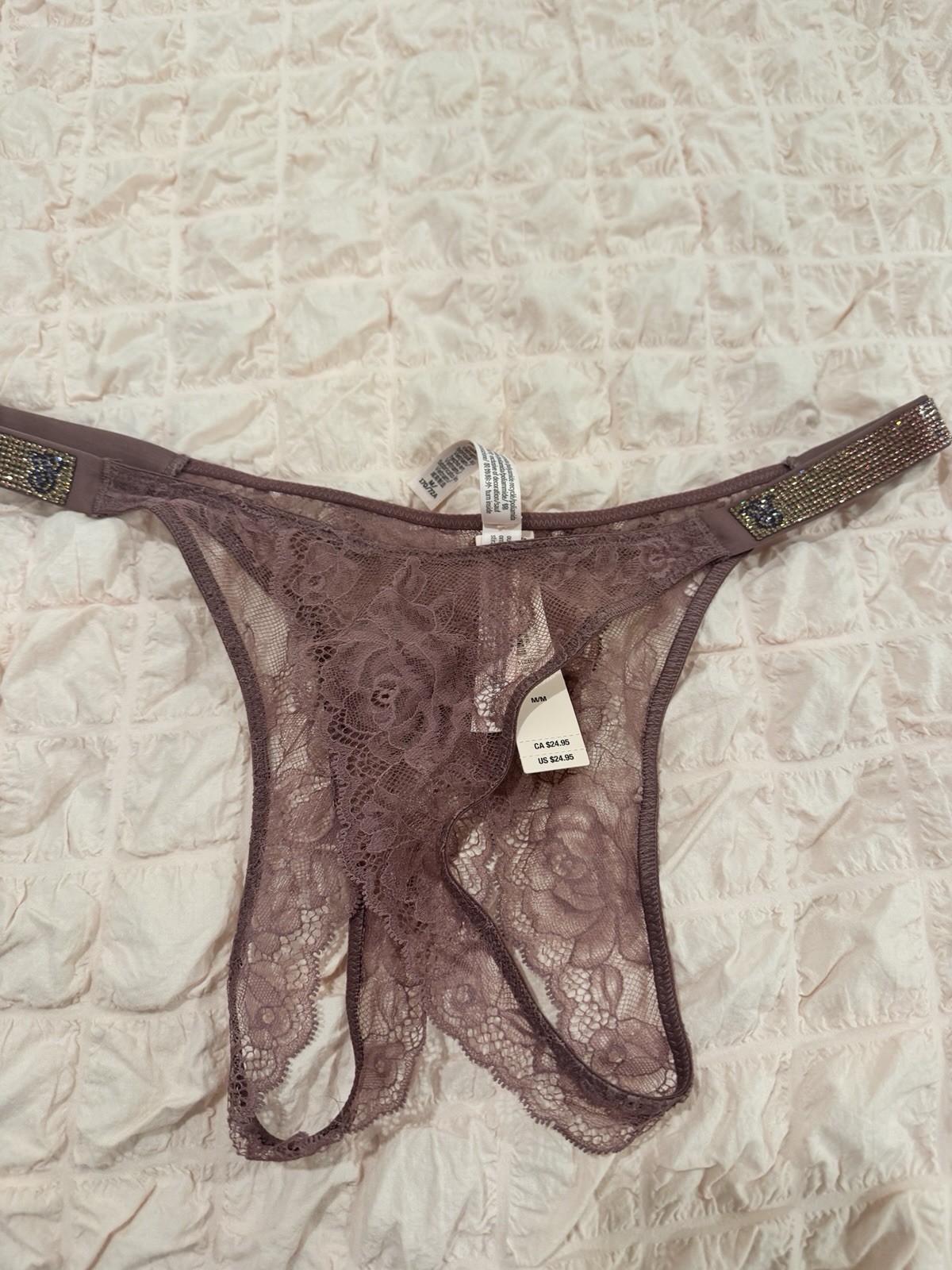 Victoria’s Secret NWT Purple Vapor Crotchless Brazilian Panty Rhinestone Logo M