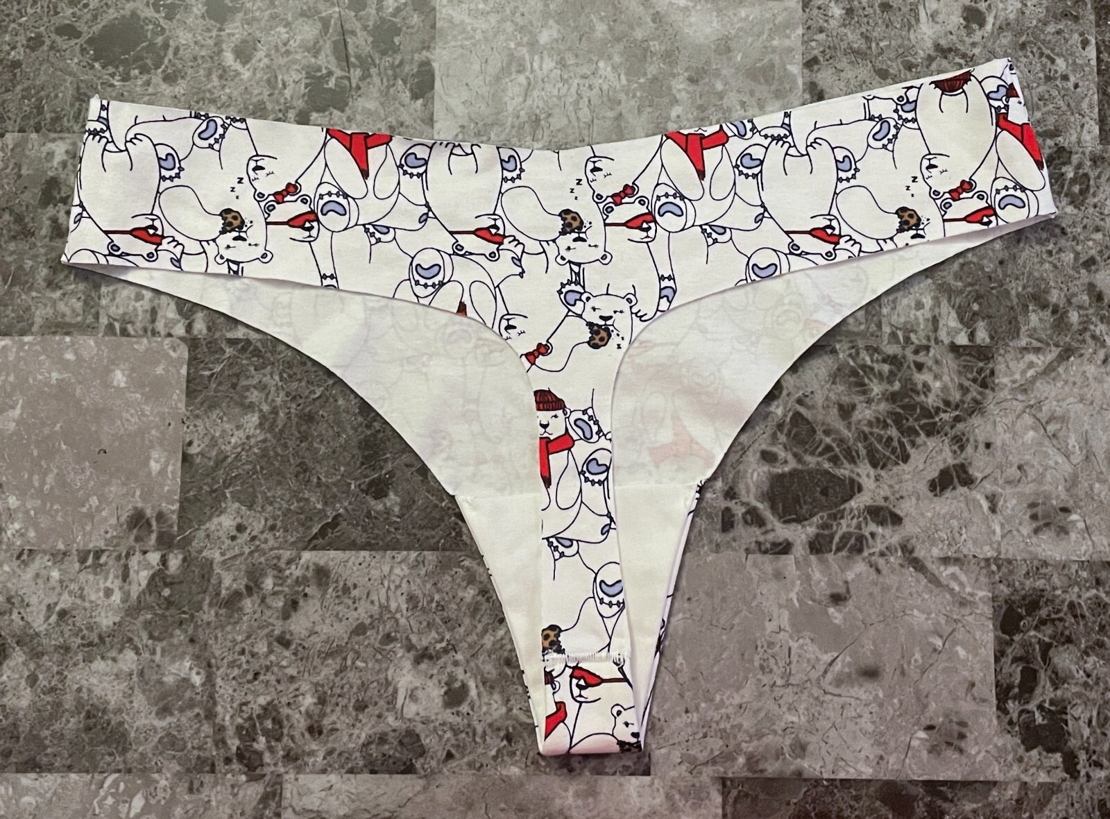 NWT AERIE AMERICAN EAGLE XL POLAR BEAR COOKIE RAW EDGE NO SHOW THONG PANTIES