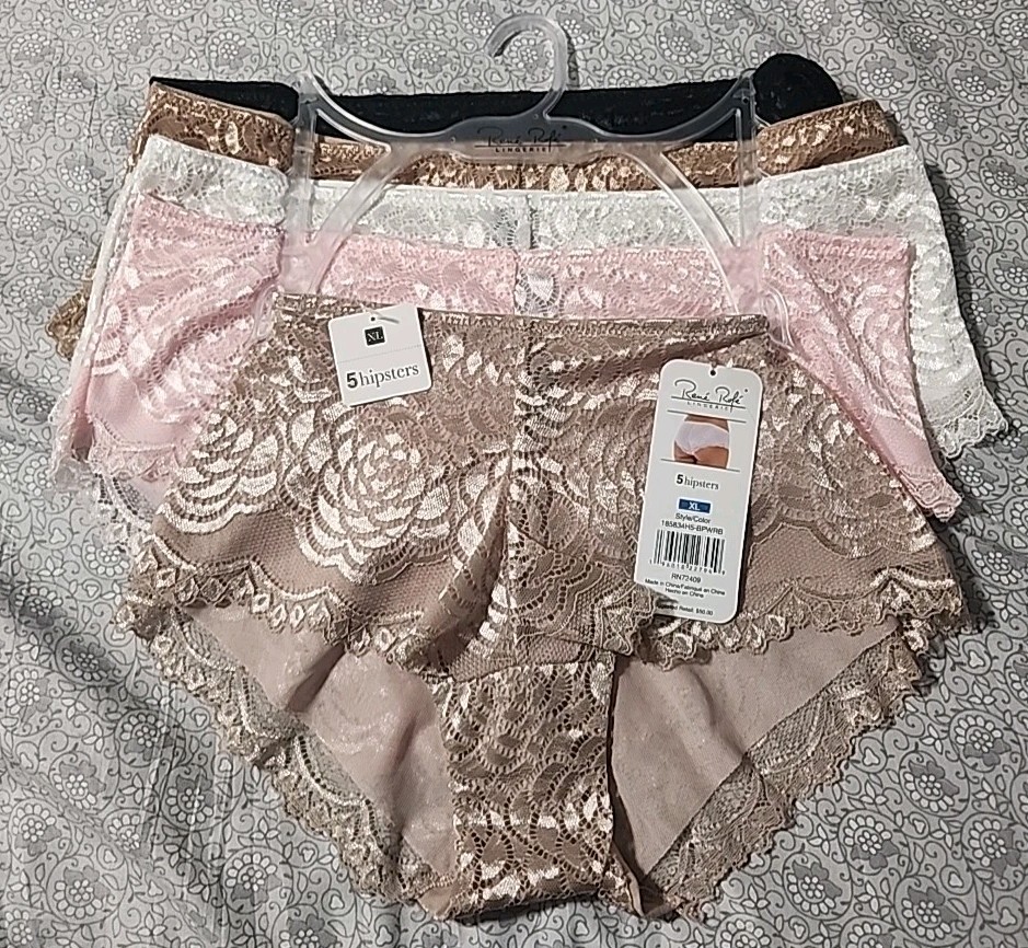 XL Rene Rofe Hipsters 5 Pack Tan White Pink Black Cream Lace Floral Design