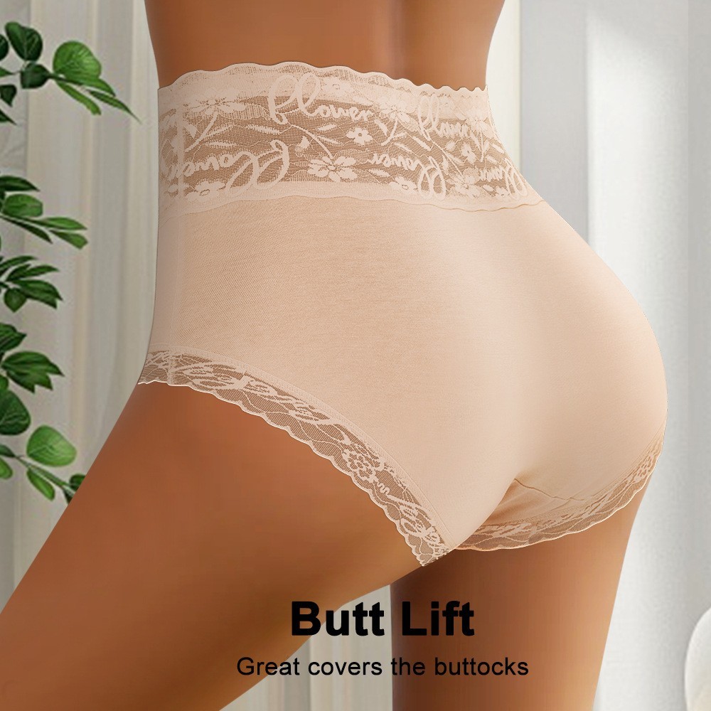2 Pack High Waist Lace Jacquard Panties – Tummy Control Breathable Nylon Bikini