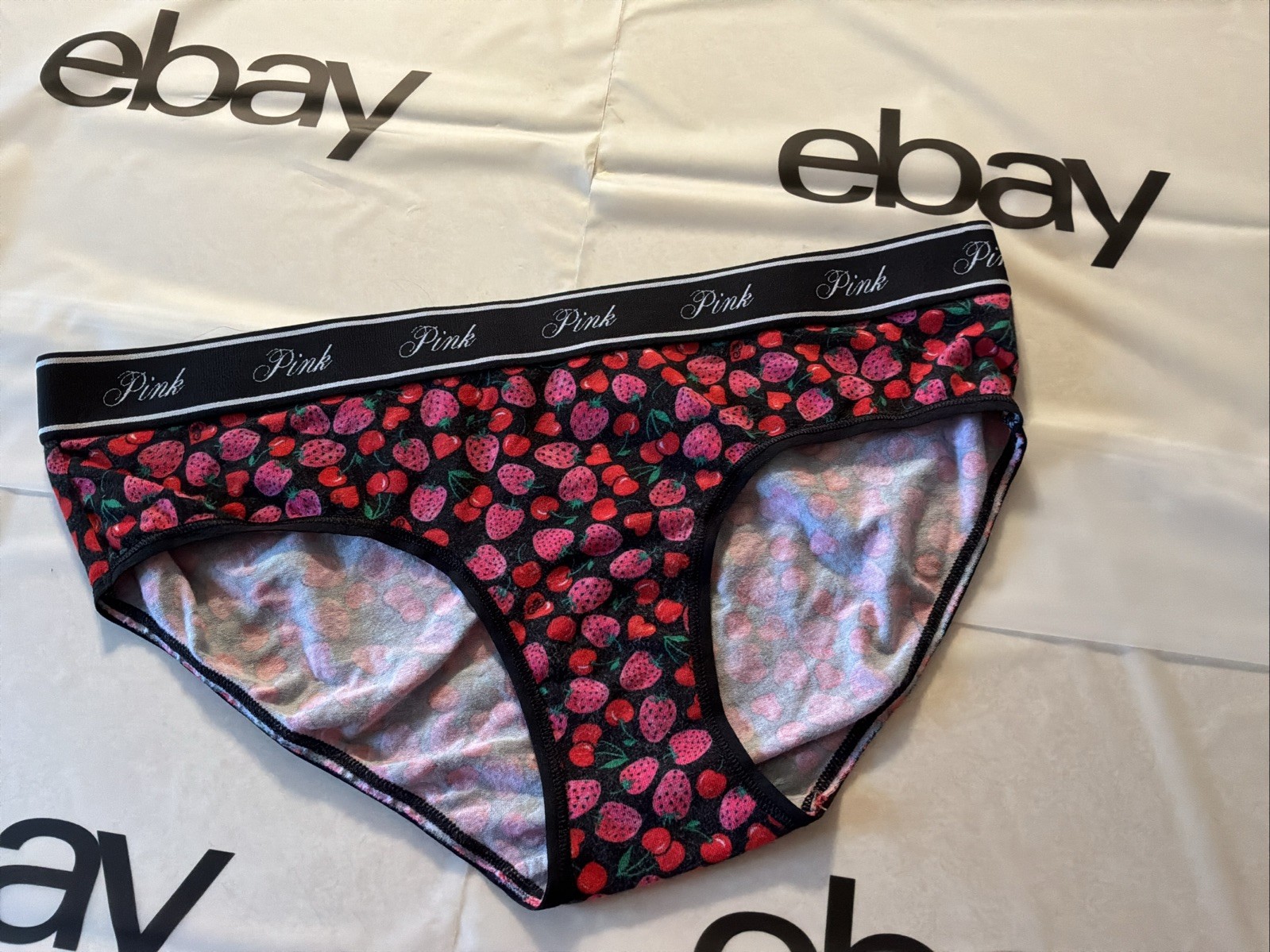NEW VICTORIA SECRET *PINK* STRAWBERRY/CHERRY THICK LOGO WAISTBAND HIPSTER PANTY