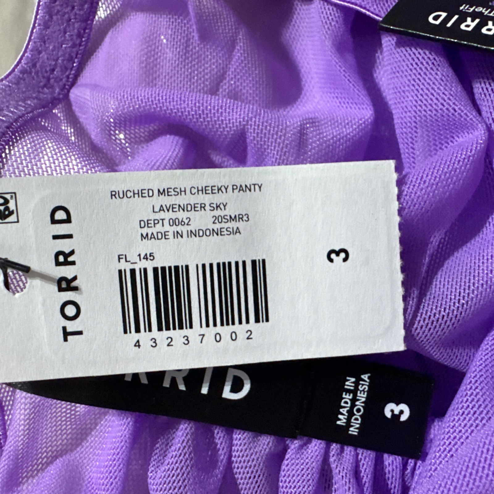 Torrid Purple Lavender Ruched Bow Sheer Mesh Cheeky Panty Plus Size 3 3X 22/24
