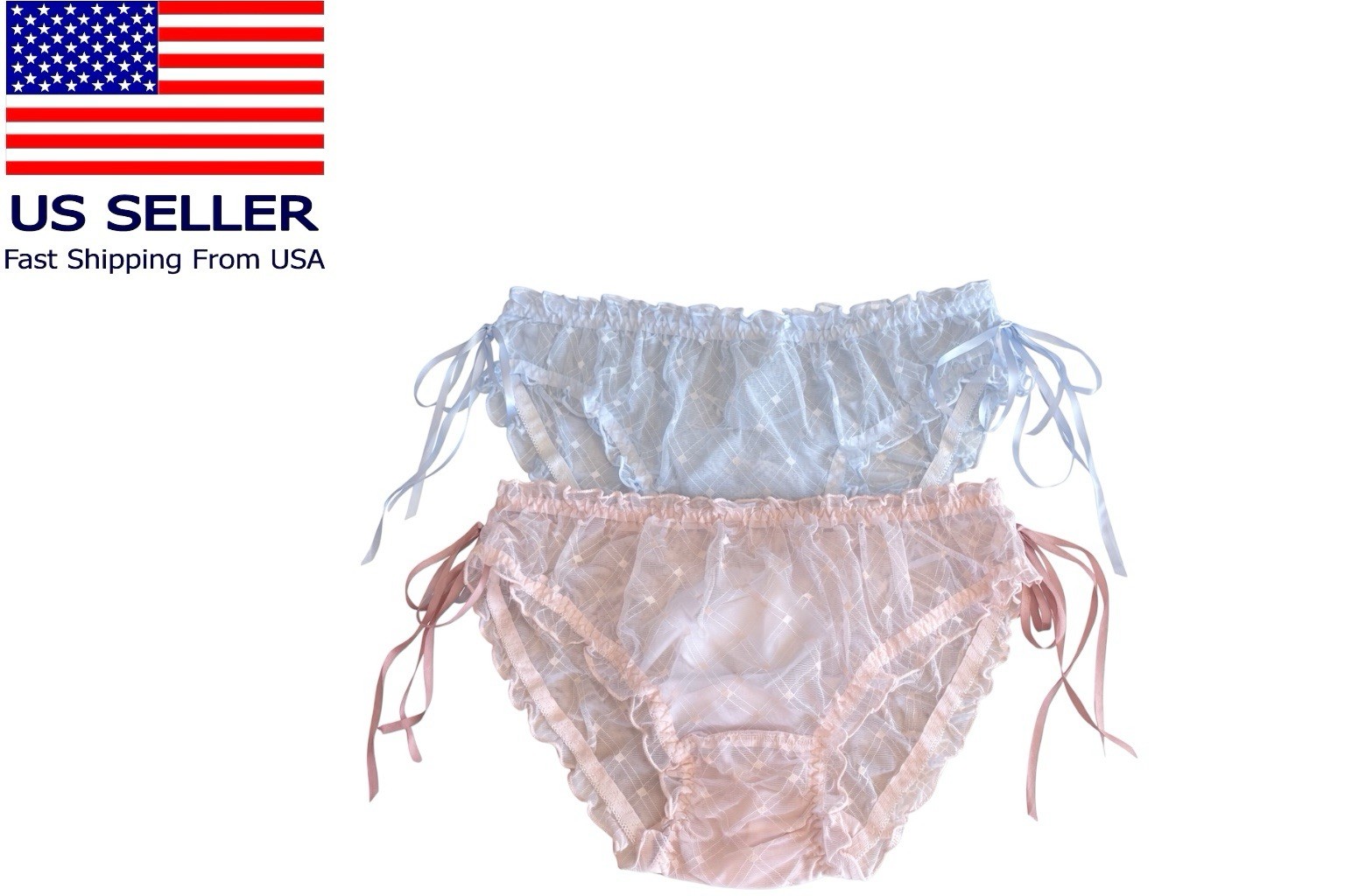 Sexy Women Sheer Lace Panties See Through Underwear Pink White 2 Pc Medium