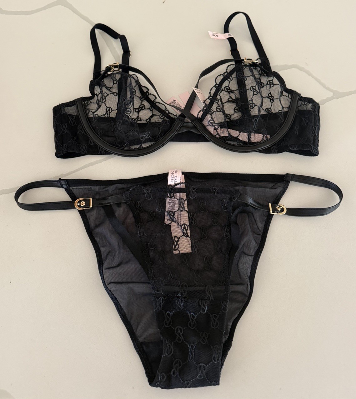 Victoria’s Secret VERY SEXY Bra & Panty Set 36B/Medium Black Logo Mesh NWT