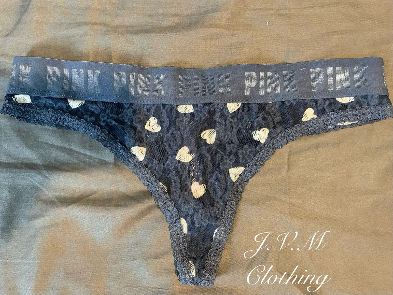 PINK Victoria’s Secret Women’s Lace Thong Panties, Heart Print, Blue/White, Siz…