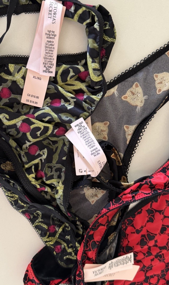 Victoria’s Secret VERY SEXY Thong Panties Multicolored Prints Satin XL NWT – 3pr