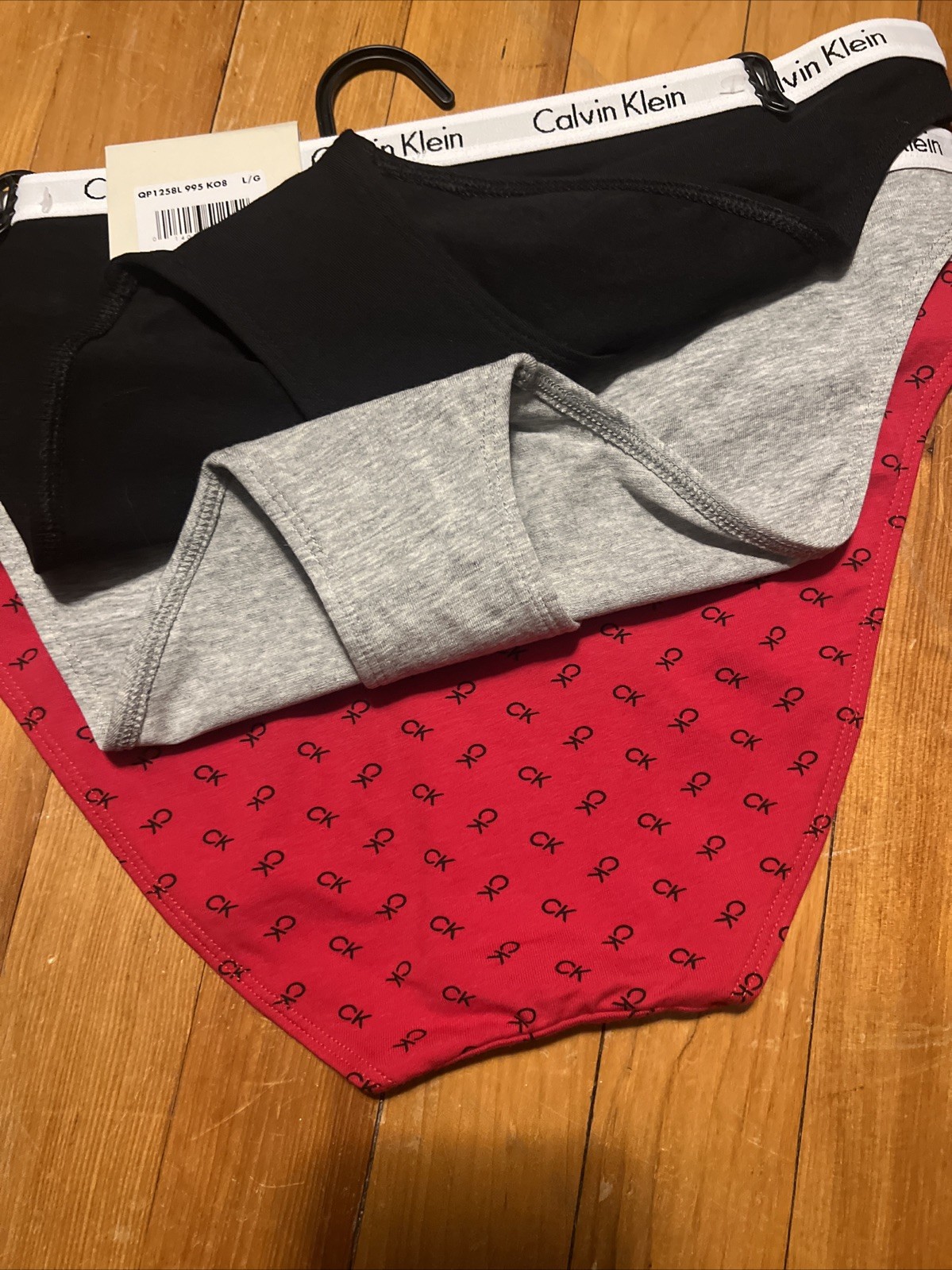 CALVIN KLEIN 3 pack Bikini SZ Large Cotton blend BLACK GRAY RED LOGO color NWT