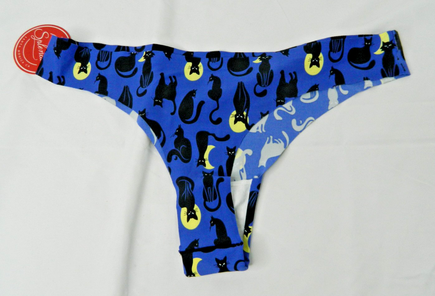 Splendies Thong Womens XL Blue Black Cat Print Seamless Underwear Panties