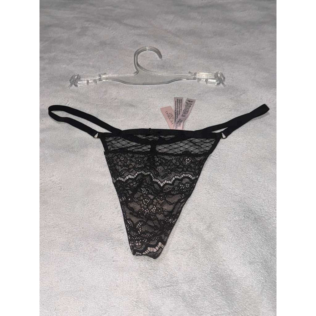 NWT Black Floral Lace & Mesh Thong Panty – Strappy Detail – Size L