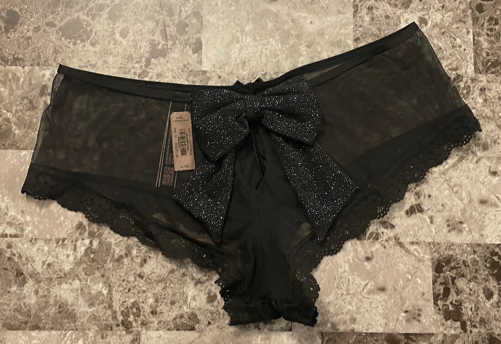 NWT VICTORIA’S SECRET L BLACK SMOOTH GLITTER BOW MESH LACE RARE CHEEKY PANTIES