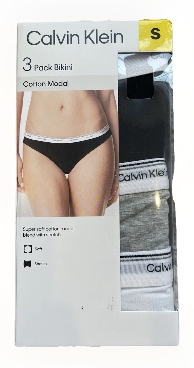 Calvin Klein womens 3 pack bikini underwear Small cotton modal black gray white