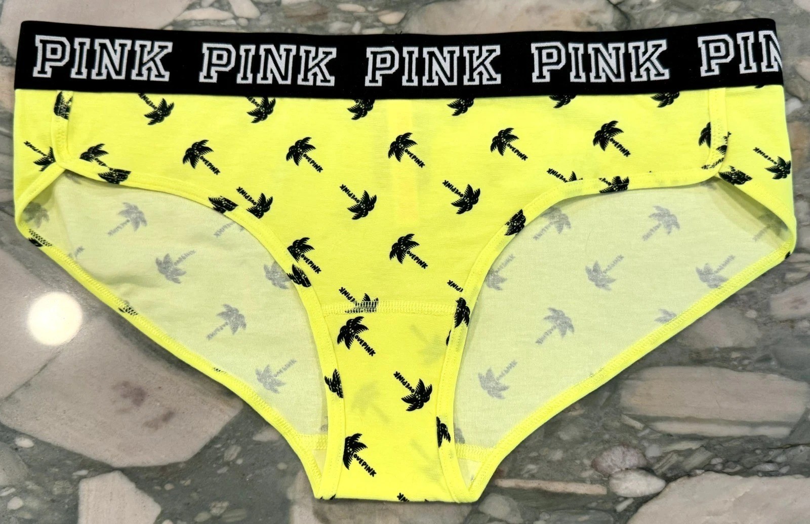 NEW Victoria Secret PINK Cotton BLOCK Logo Hipster Panty – Neon Black Palms XL