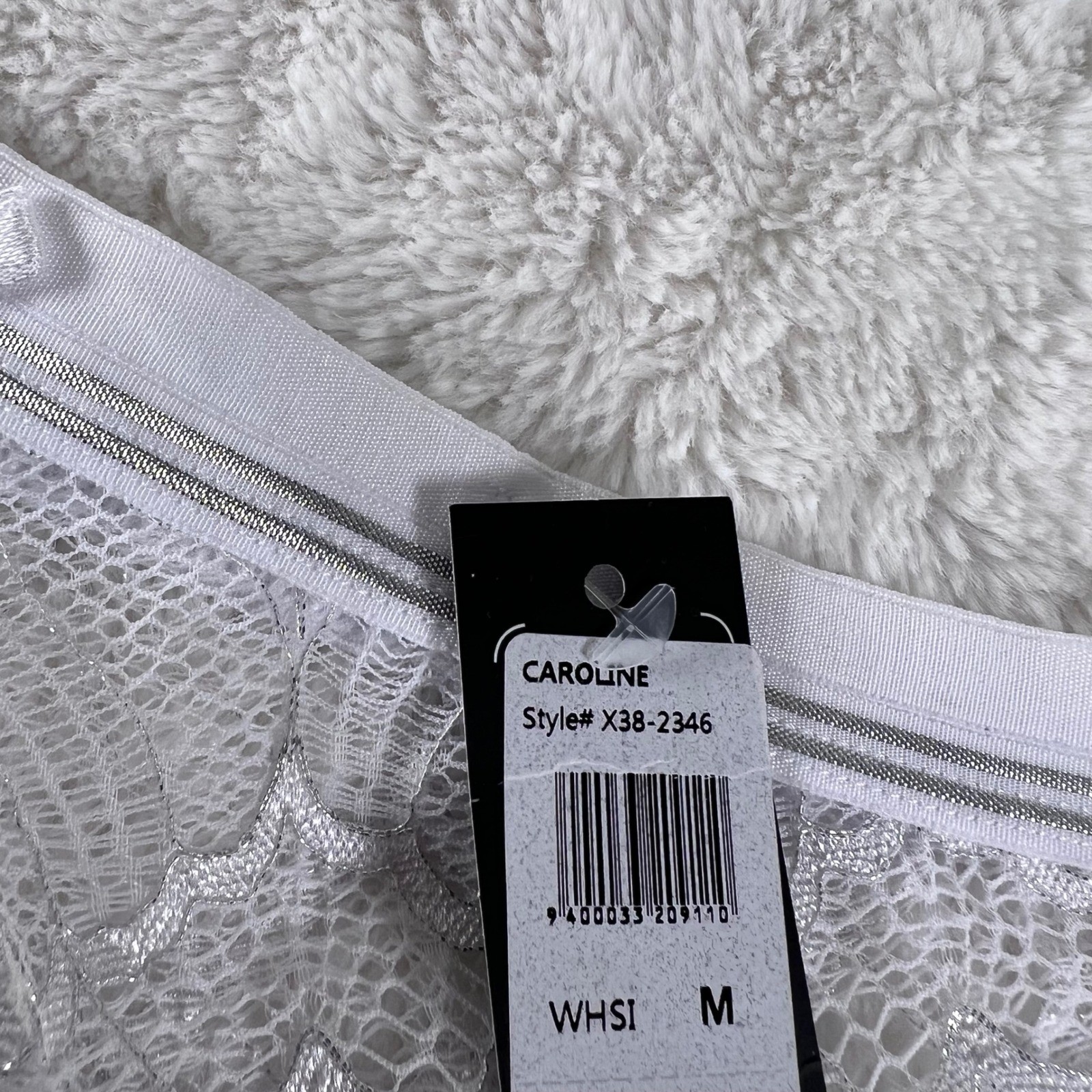 Fredericks of Hollywood Lace Thong Panty White Silver Metallic Trim Size M