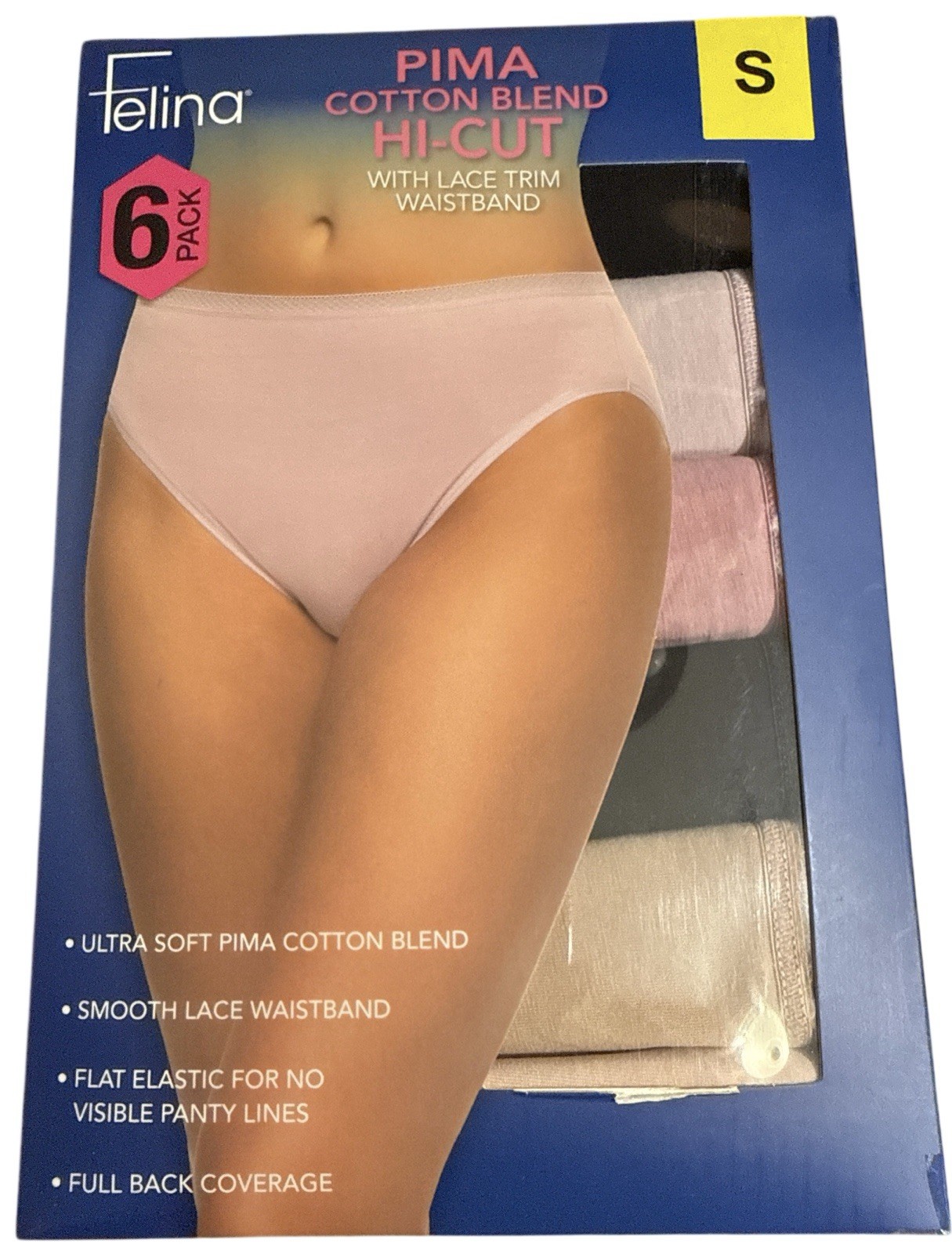 Felina Pima Cotton Blend Hi-cut with Lace Trim Waistband 6 Pack Small (4-6) NWT