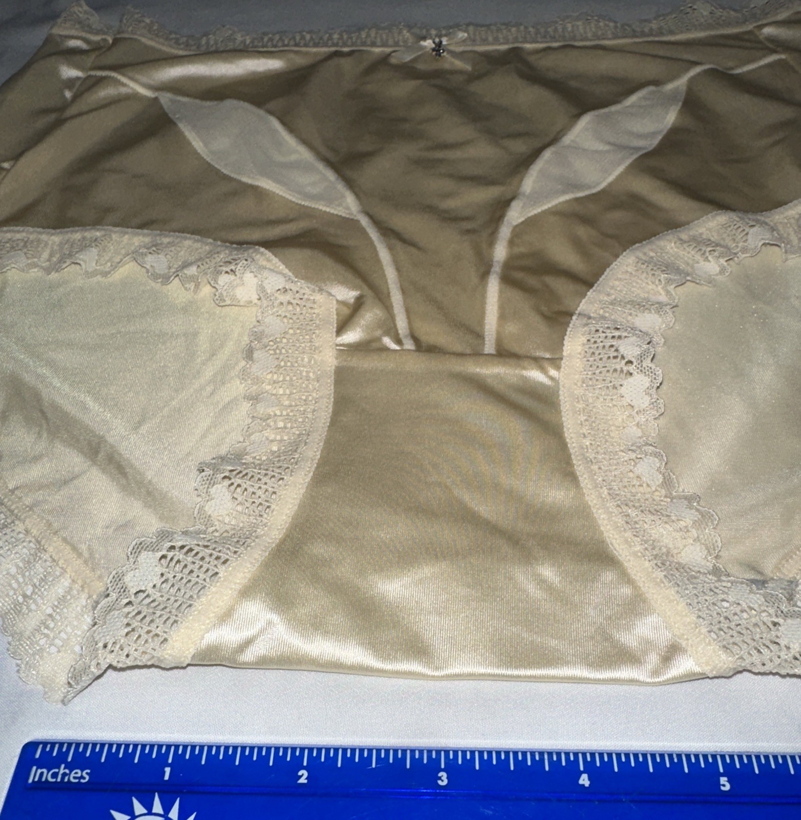 ~Shiny Large Ivory With Gem Nylon Lace Blended Panties W/Bow Heart In Lace