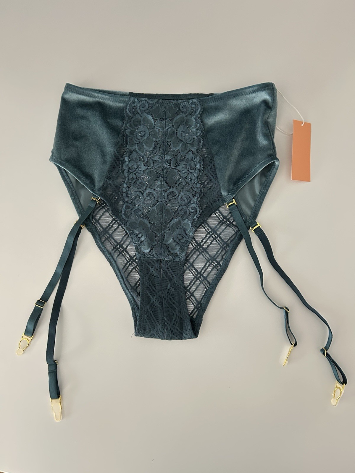 Mentionables Retro Blue High-Waisted Lace Garter Belt Adjustable Straps Sz S
