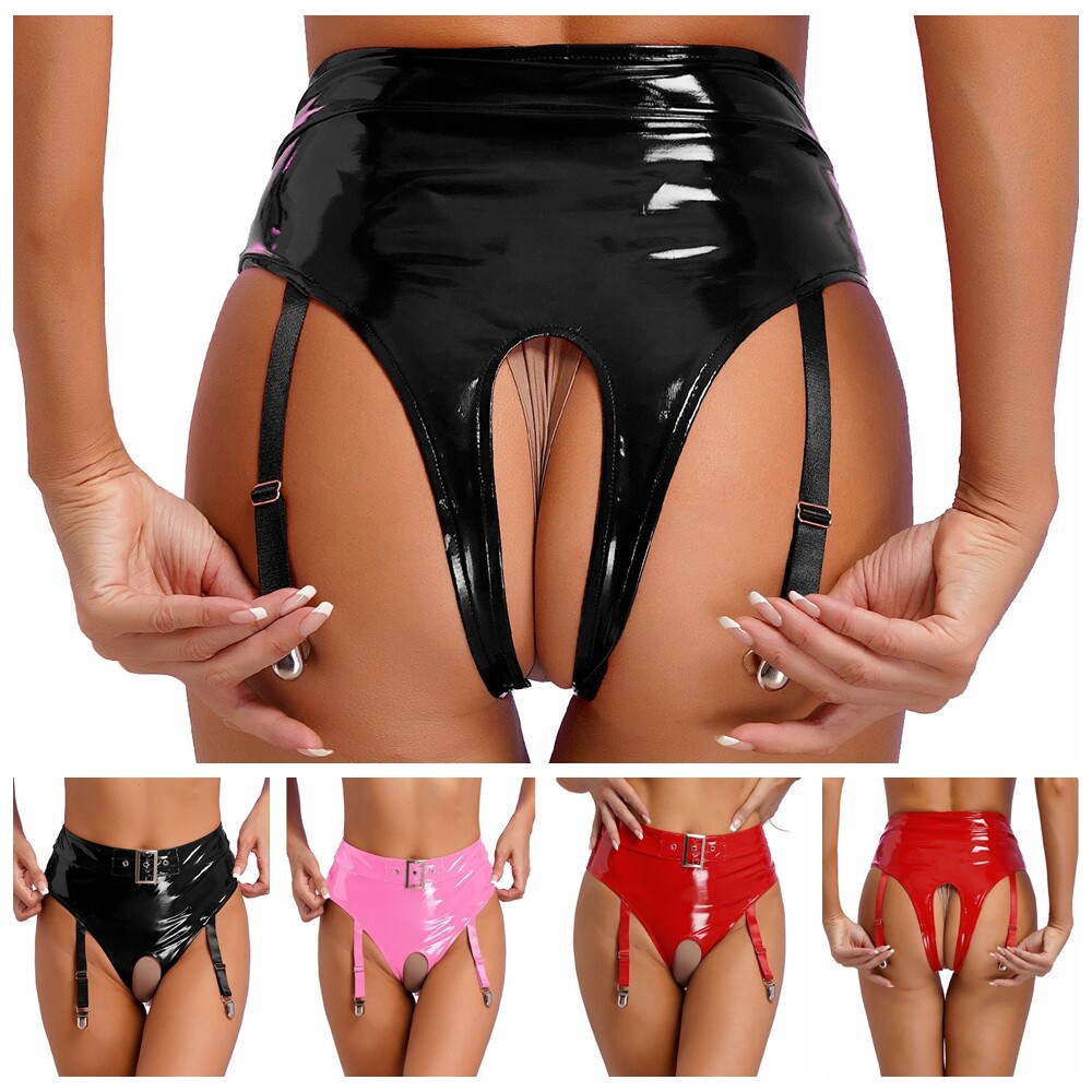 US Women Wetlook High Waist Open Crotch Panties with Garter Clips High Cut Thong