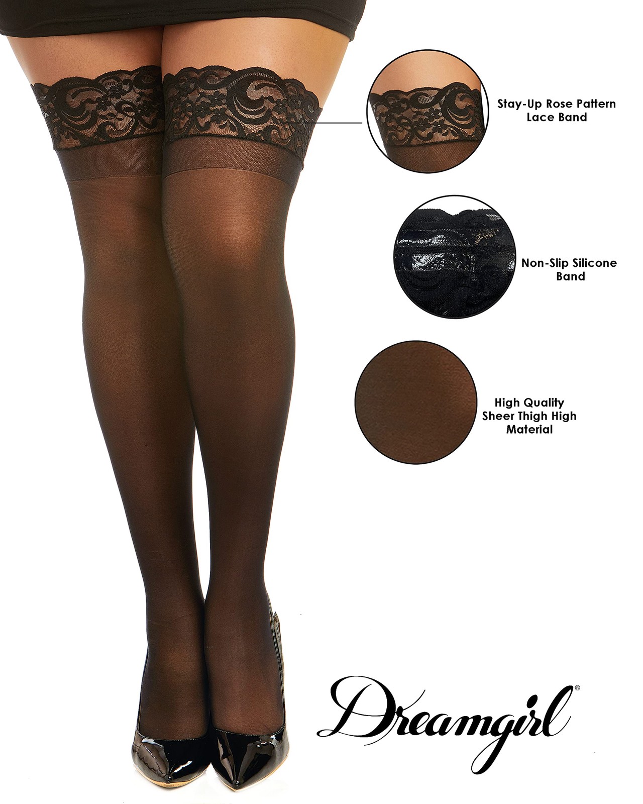 Dreamgirl Women’s Plus Size Sheer Thigh High Pantyhose, One Size, Black
